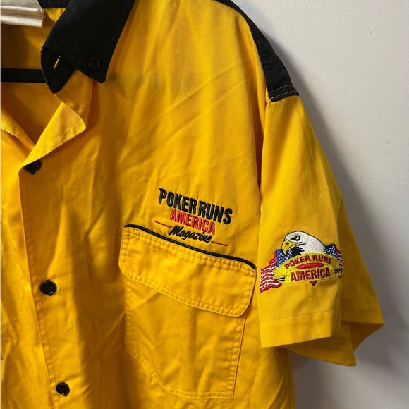 Y2K POKER RUNS AMERICA men's yellow black embroidered button down shirt, XL. - Picture 4 of 8